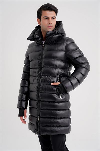 Slim Fit Kapişonlu Alt Üst Fermuarlı Yan Cepli Kaz Tüyü Siyah Şişme Kaban KA 092