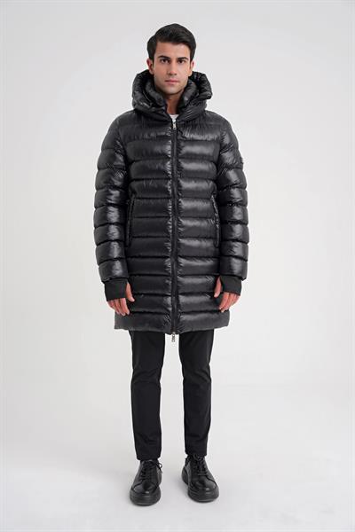 Slim Fit Kapişonlu Alt Üst Fermuarlı Yan Cepli Kaz Tüyü Siyah Şişme Kaban KA 092