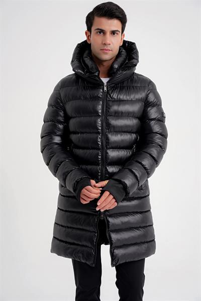 Slim Fit Kapişonlu Alt Üst Fermuarlı Yan Cepli Kaz Tüyü Siyah Şişme Kaban KA 092