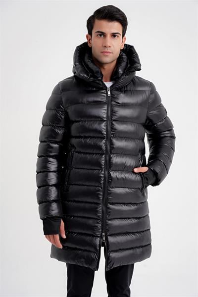 Slim Fit Kapişonlu Alt Üst Fermuarlı Yan Cepli Kaz Tüyü Siyah Şişme Kaban KA 092