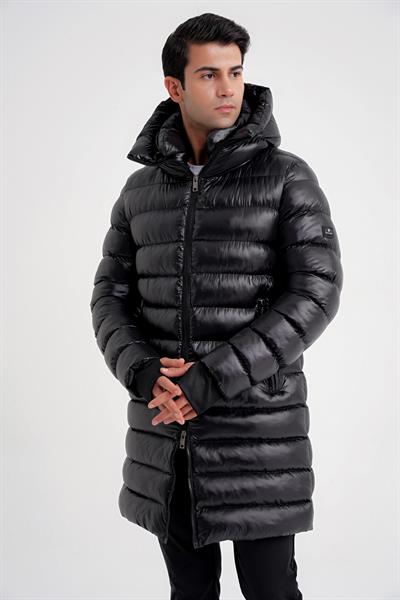 Slim Fit Kapişonlu Alt Üst Fermuarlı Yan Cepli Kaz Tüyü Siyah Şişme Kaban KA 092