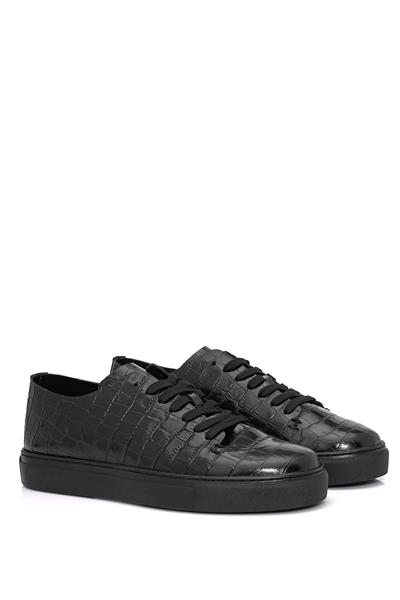 Kalın Taban Bağcıklı Krokodil Desen Siyah Ayakkabı 3246