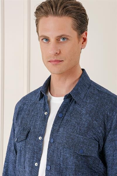 Kapaklı Cep Batik Desenli %100 Pamuk Çıtçıtlı Lacivert Gömlek G 1569