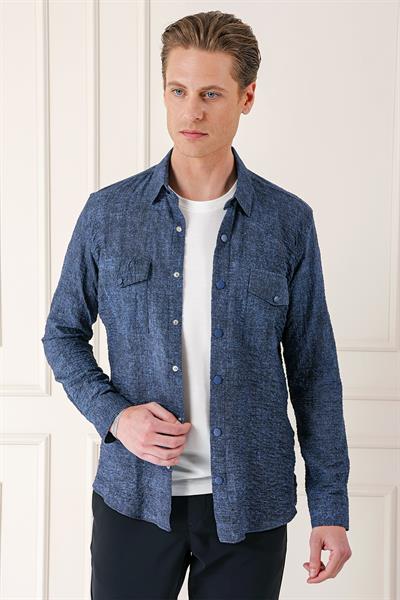 Kapaklı Cep Batik Desenli %100 Pamuk Çıtçıtlı Lacivert Gömlek G 1569