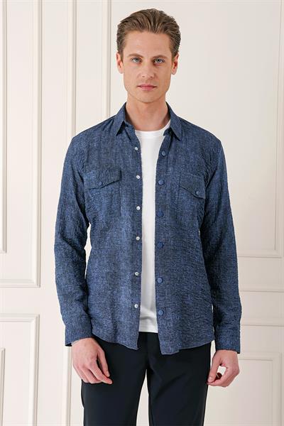 Kapaklı Cep Batik Desenli %100 Pamuk Çıtçıtlı Lacivert Gömlek G 1569