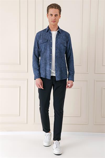 Kapaklı Cep Batik Desenli %100 Pamuk Çıtçıtlı Lacivert Gömlek G 1569