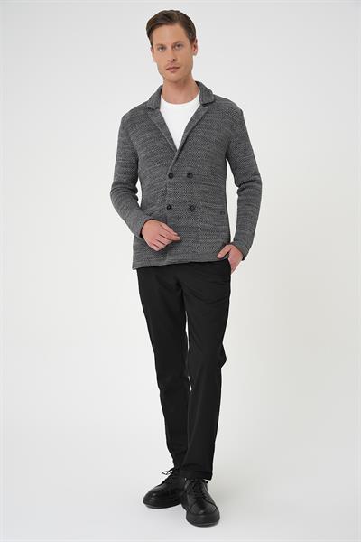 Slim Fit Ceket Yaka Torba Cep Kruvaze Koyu Gri Yünlü Örme Triko Ceket 01