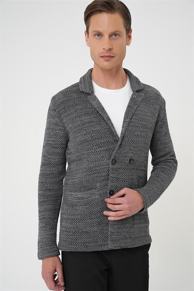 Slim Fit Ceket Yaka Torba Cep Kruvaze Koyu Gri Yünlü Örme Triko Ceket 01