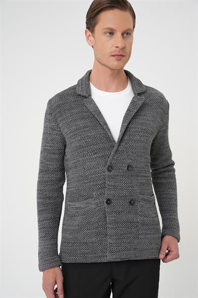 Slim Fit Ceket Yaka Torba Cep Kruvaze Koyu Gri Yünlü Örme Triko Ceket 01