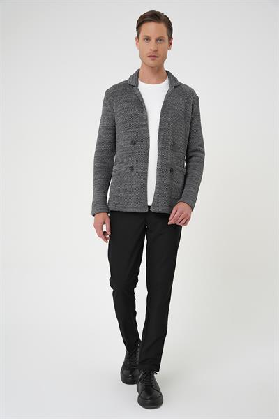 Slim Fit Ceket Yaka Torba Cep Kruvaze Koyu Gri Yünlü Örme Triko Ceket 01