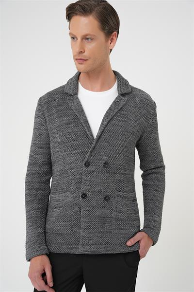 Slim Fit Ceket Yaka Torba Cep Kruvaze Koyu Gri Yünlü Örme Triko Ceket 01