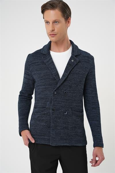Slim Fit Ceket Yaka Torba Cep Kruvaze Lacivert Yünlü Örme Triko Ceket 01