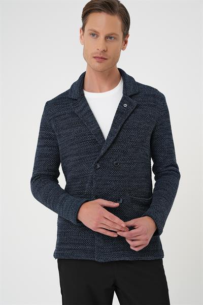 Slim Fit Ceket Yaka Torba Cep Kruvaze Lacivert Yünlü Örme Triko Ceket 01
