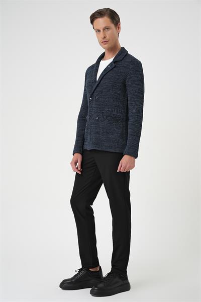 Slim Fit Ceket Yaka Torba Cep Kruvaze Lacivert Yünlü Örme Triko Ceket 01