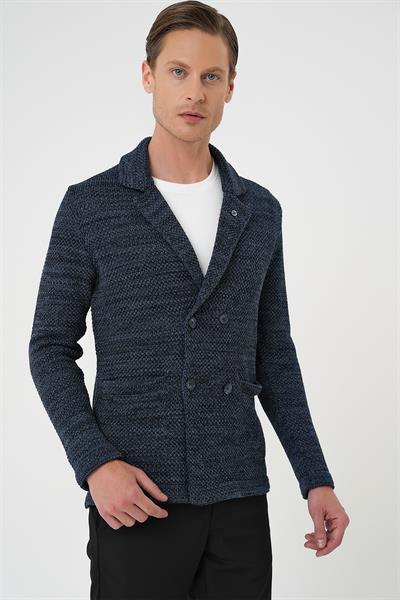 Slim Fit Ceket Yaka Torba Cep Kruvaze Lacivert Yünlü Örme Triko Ceket 01