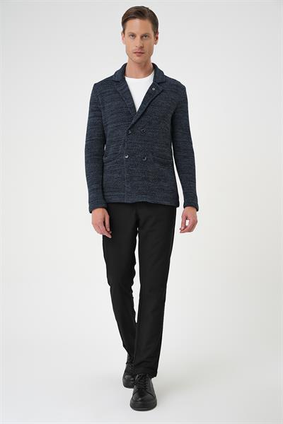 Slim Fit Ceket Yaka Torba Cep Kruvaze Lacivert Yünlü Örme Triko Ceket 01