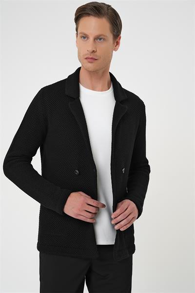 Slim Fit Ceket Yaka Torba Cep Kruvaze Siyah Yünlü Örme Triko Ceket 01