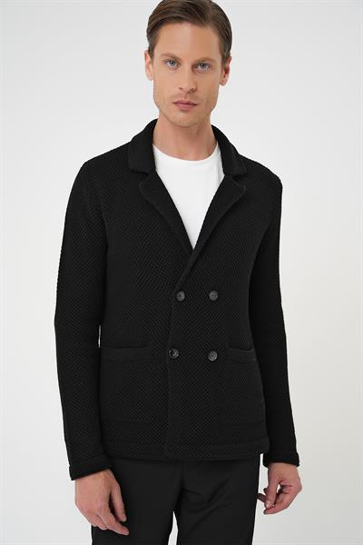 Slim Fit Ceket Yaka Torba Cep Kruvaze Siyah Yünlü Örme Triko Ceket 01