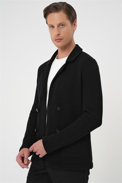 Slim Fit Ceket Yaka Torba Cep Kruvaze Siyah Yünlü Örme Triko Ceket 01