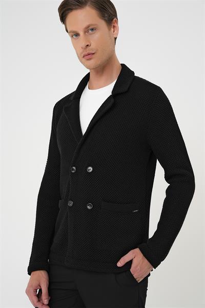 Slim Fit Ceket Yaka Torba Cep Kruvaze Siyah Yünlü Örme Triko Ceket 01