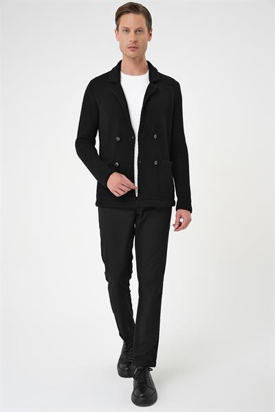 Slim Fit Ceket Yaka Torba Cep Kruvaze Siyah Yünlü Örme Triko Ceket 01