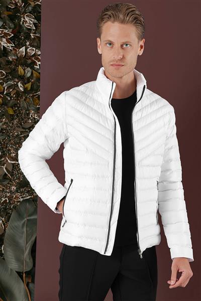 Slim Fit Hakim Yaka Yan Cepli Fermuarlı Beyaz Şişme Mont MT 165