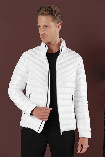 Slim Fit Hakim Yaka Yan Cepli Fermuarlı Beyaz Şişme Mont MT 165