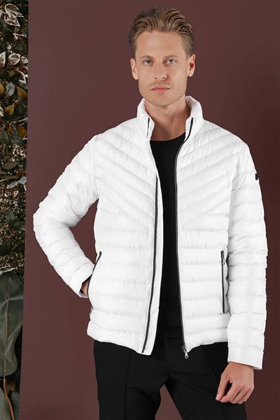 Slim Fit Hakim Yaka Yan Cepli Fermuarlı Beyaz Şişme Mont MT 165