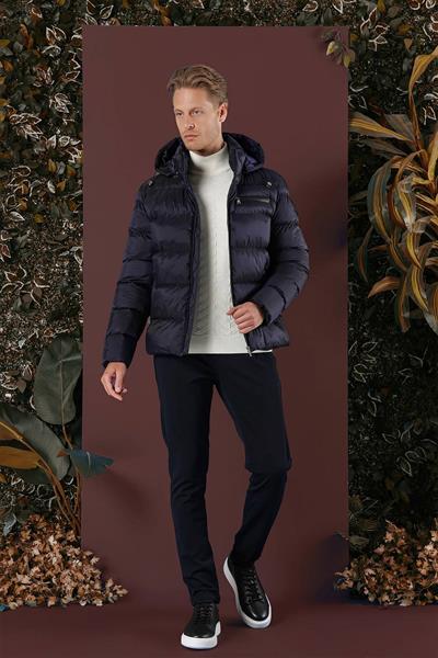 Sim Fit Kapüşonlu Yan Cep Fermuarlı Lacivert Şişme Mont MT 167