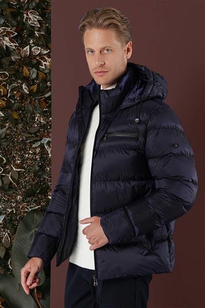 Sim Fit Kapüşonlu Yan Cep Fermuarlı Lacivert Şişme Mont MT 167