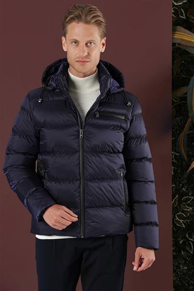 Sim Fit Kapüşonlu Yan Cep Fermuarlı Lacivert Şişme Mont MT 167