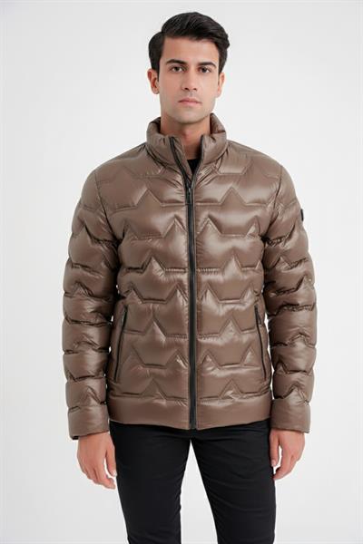 Slim Fit Hakim Yaka Yan Cepli Kaz Tüyü Bej Şişme Mont MT 175