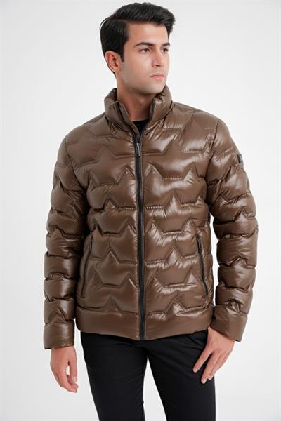 Slim Fit Hakim Yaka Yan Cepli Kaz Tüyü Bej Şişme Mont MT 175