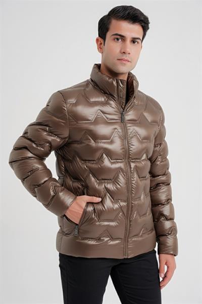 Slim Fit Hakim Yaka Yan Cepli Kaz Tüyü Bej Şişme Mont MT 175