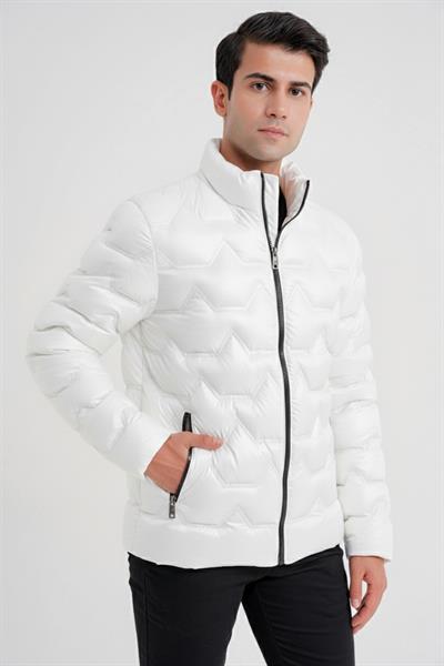 Slim Fit Hakim Yaka Yan Cepli Kaz Tüyü Beyaz Şişme Mont MT 175
