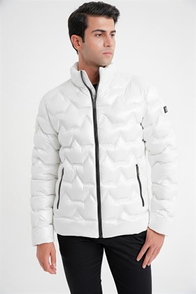Slim Fit Hakim Yaka Yan Cepli Kaz Tüyü Beyaz Şişme Mont MT 175