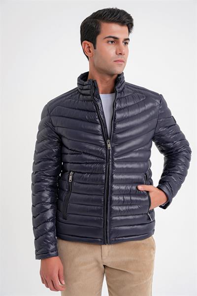 Slim Fit Hakim Yaka Yan Cepli Kaz Tüyü Lacivert Şişme Mont MT 176