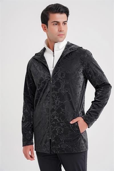 Comfort Fit Kapüşonlu Fermuarlı Desenli Siyah Mont MT 179