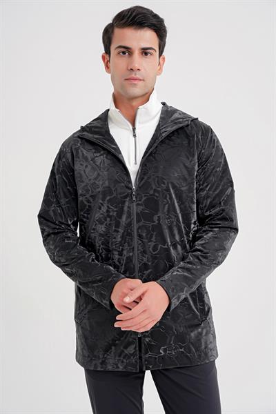 Comfort Fit Kapüşonlu Fermuarlı Desenli Siyah Mont MT 179