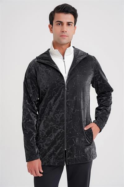 Comfort Fit Kapüşonlu Fermuarlı Desenli Siyah Mont MT 179