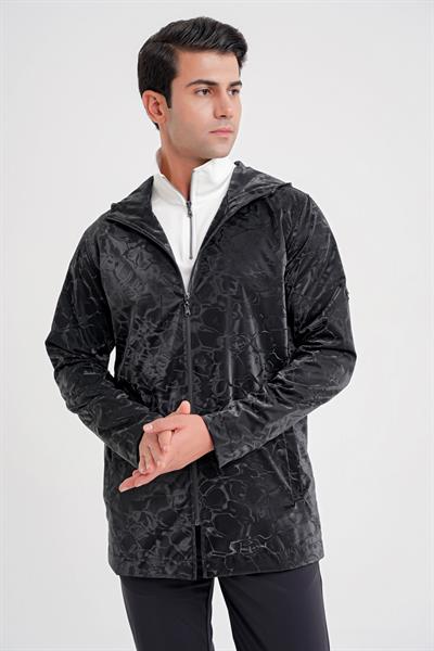 Comfort Fit Kapüşonlu Fermuarlı Desenli Siyah Mont MT 179