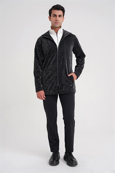 Comfort Fit Kapüşonlu Fermuarlı Desenli Siyah Mont MT 179