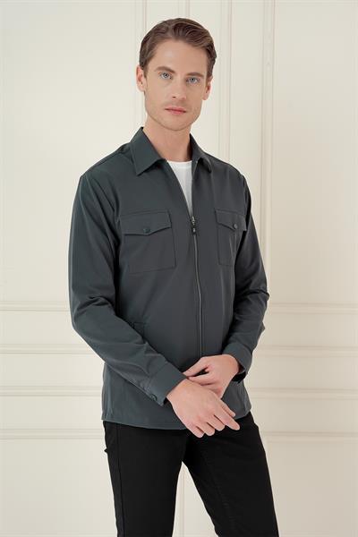 Önden Fermuarlı Yan Cepli Esnek Pamuk Yeşil Ceket Gömlek G 1582