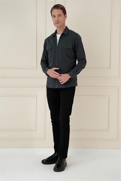 Önden Fermuarlı Yan Cepli Esnek Pamuk Yeşil Ceket Gömlek G 1582