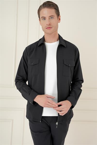 Önden Fermuarlı Yan Cepli Esnek Pamuk Siyah Ceket Gömlek G 1582