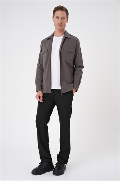 Önden Fermuarlı Yan Cepli Esnek Pamuk Koyu Haki Ceket Gömlek G 1582