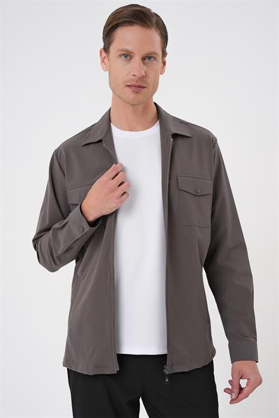 Önden Fermuarlı Yan Cepli Esnek Pamuk Koyu Haki Ceket Gömlek G 1582