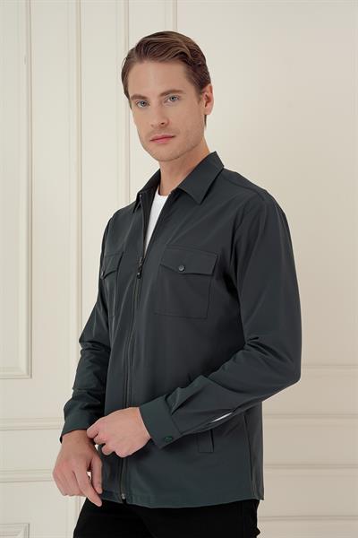 Önden Fermuarlı Yan Cepli Esnek Pamuk Yeşil Ceket Gömlek G 1582