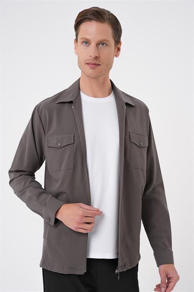 Önden Fermuarlı Yan Cepli Esnek Pamuk Koyu Haki Gömlek Ceket G 1582