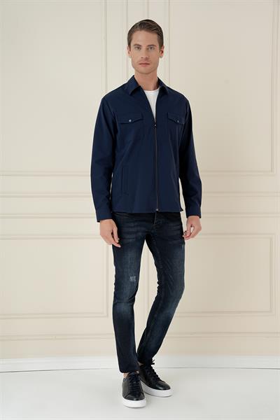 Önden Fermuarlı Yan Cepli Esnek Pamuk Lacivert Ceket Gömlek G 1582